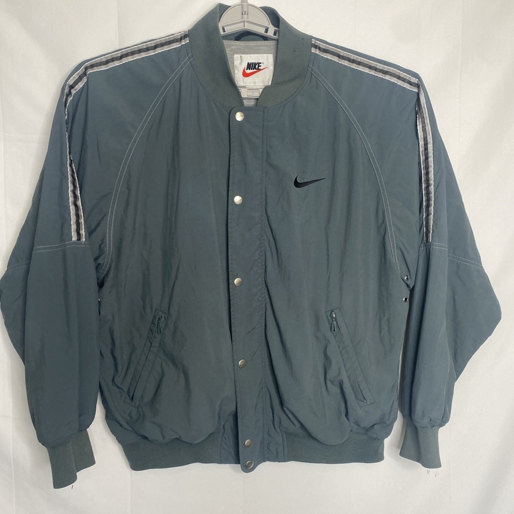 Nike‎ VTG 90s Bomber Jacket Men Sz L Green/reflective Snap Front